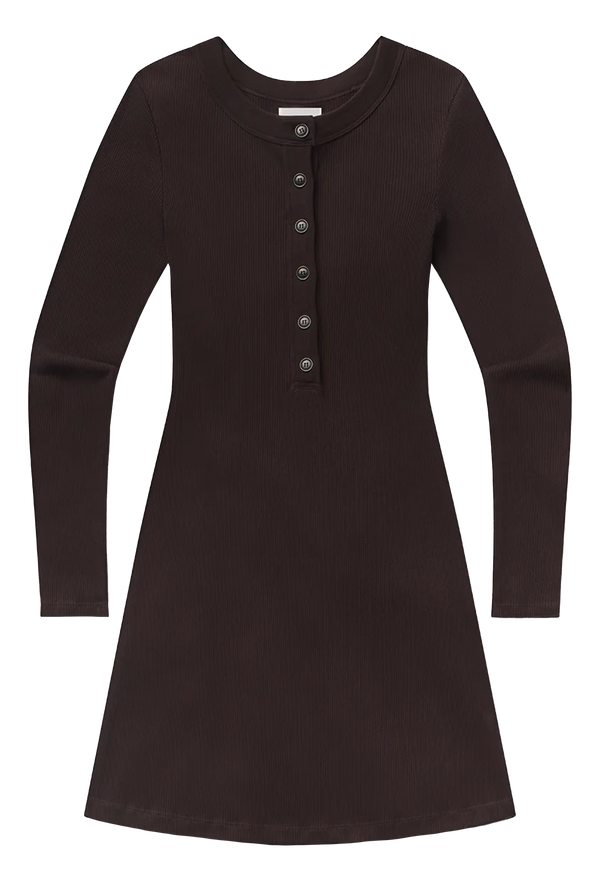 dark brown half button down dress with long sleeves on a transparent background