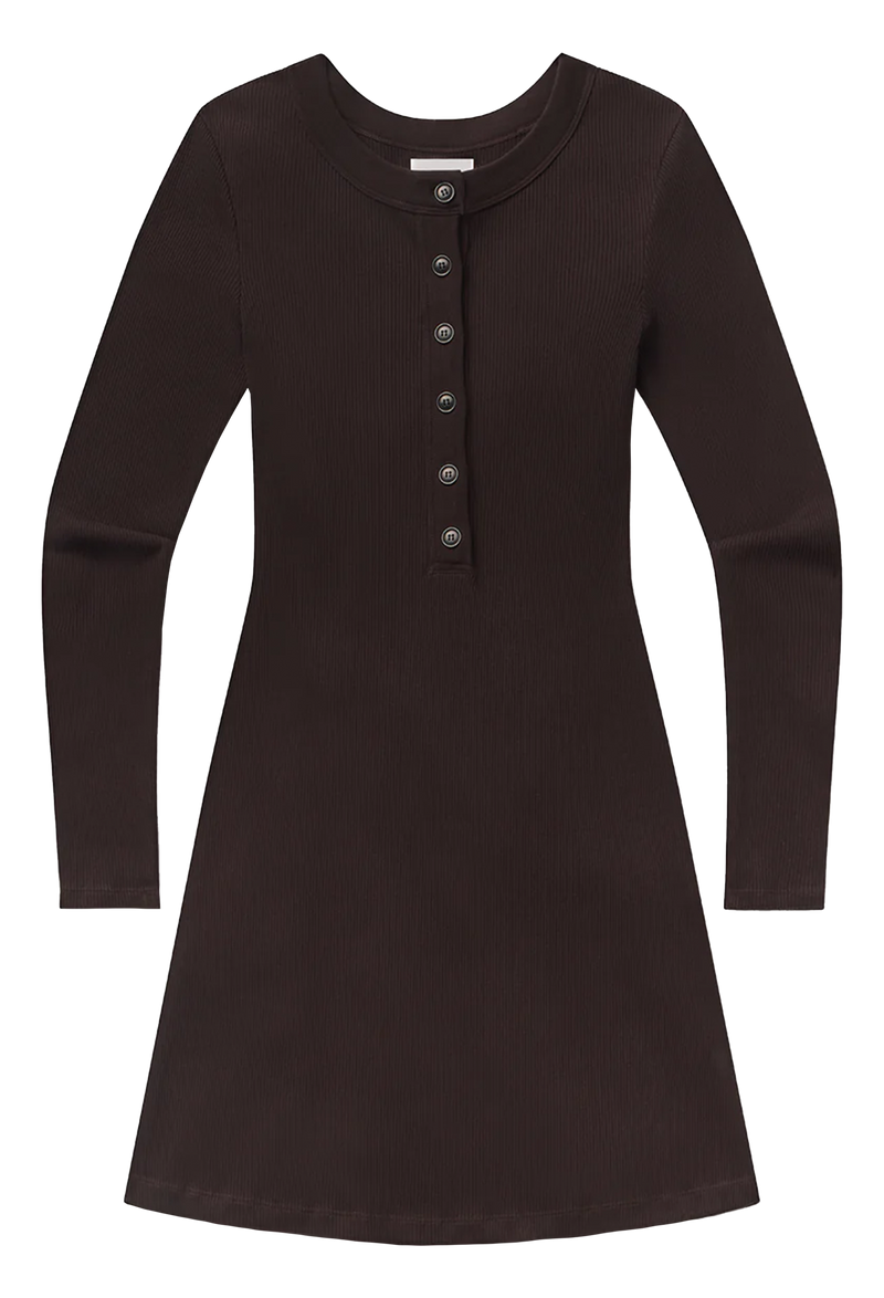 dark brown half button down dress with long sleeves on a transparent background