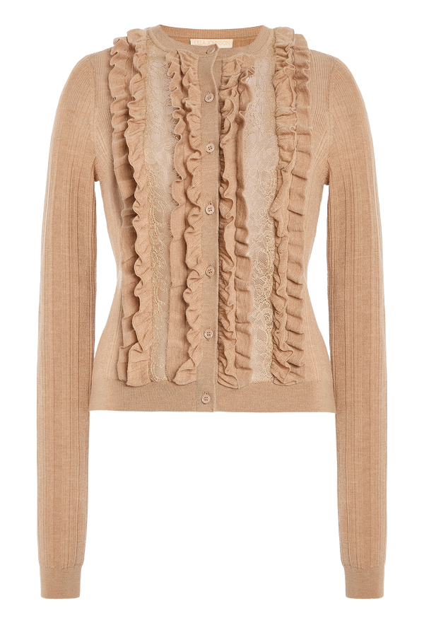 Beige cardigan with ruffled details on a transparent background