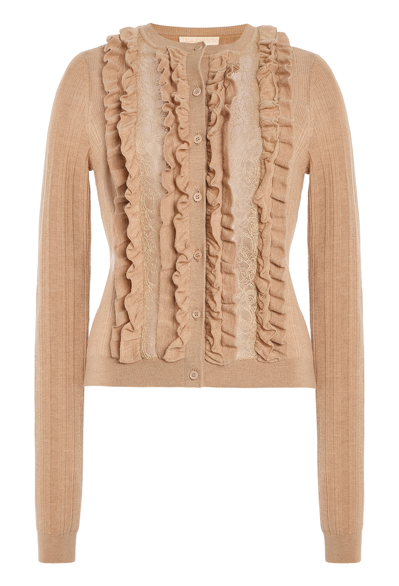 Beige cardigan with ruffled details on a transparent background