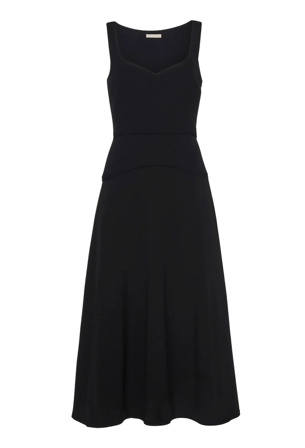 Black sleeveless midi dress on a transparent background