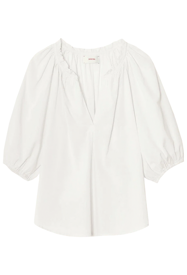 a white v-neck blouse with puff sleeves on a transparent background