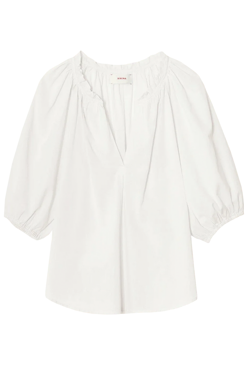 a white v-neck blouse with puff sleeves on a transparent background