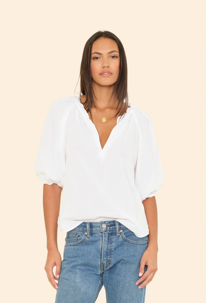 Woman wearing a white v-neck blouse with puff sleeves and blue jeans against a beige background