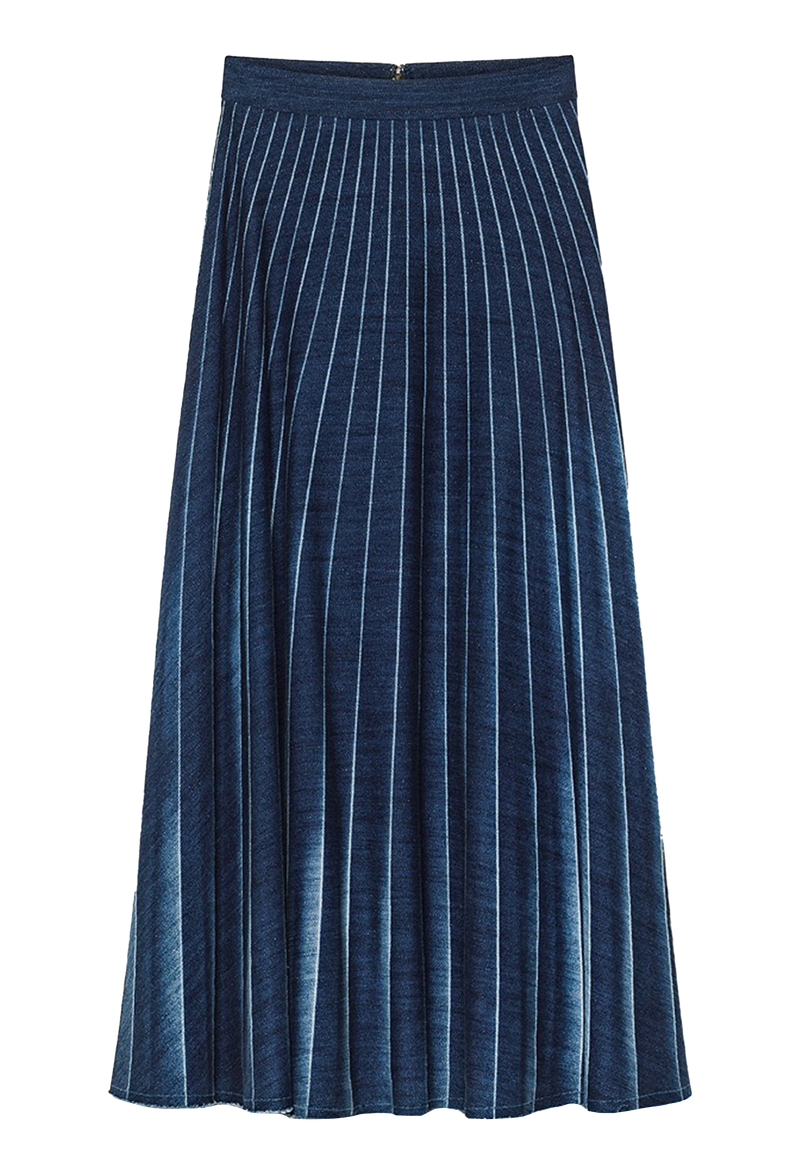 Blue pleated skirt with white stripes on a transparent background