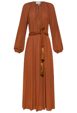 Rust long-sleeve dress with a belt and tassels on a transparent background