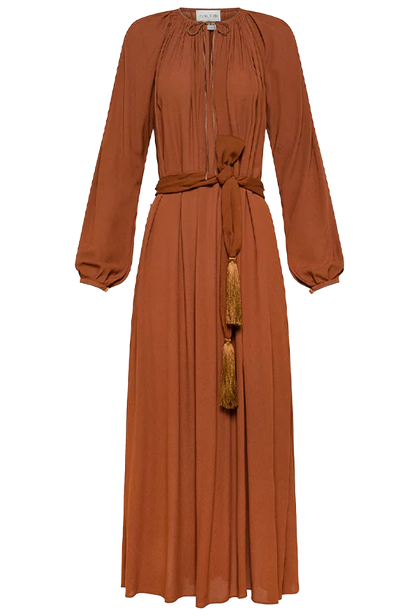 Rust long-sleeve dress with a belt and tassels on a transparent background
