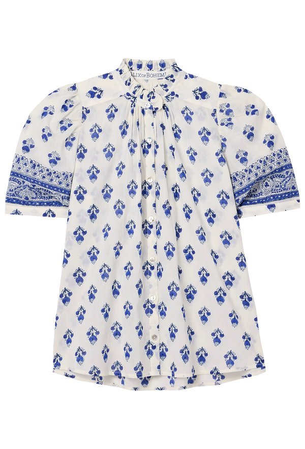 White blouse with blue floral pattern on a transparent background