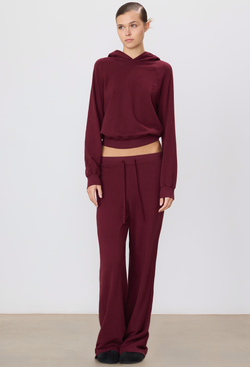 Person wearing a burgundy hoodie and sweatpants on a plain background