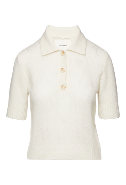 cream ribbed knit polo shirt on a transparent background