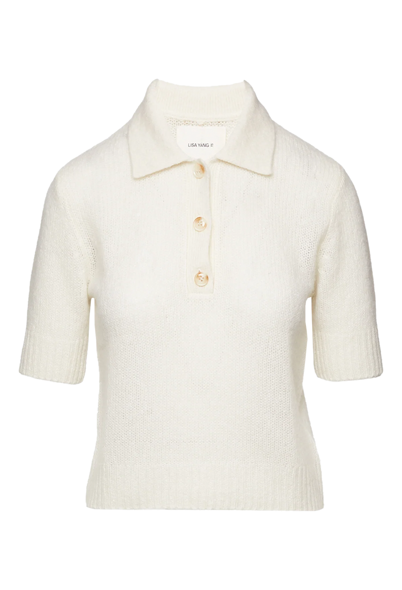 cream ribbed knit polo shirt on a transparent background