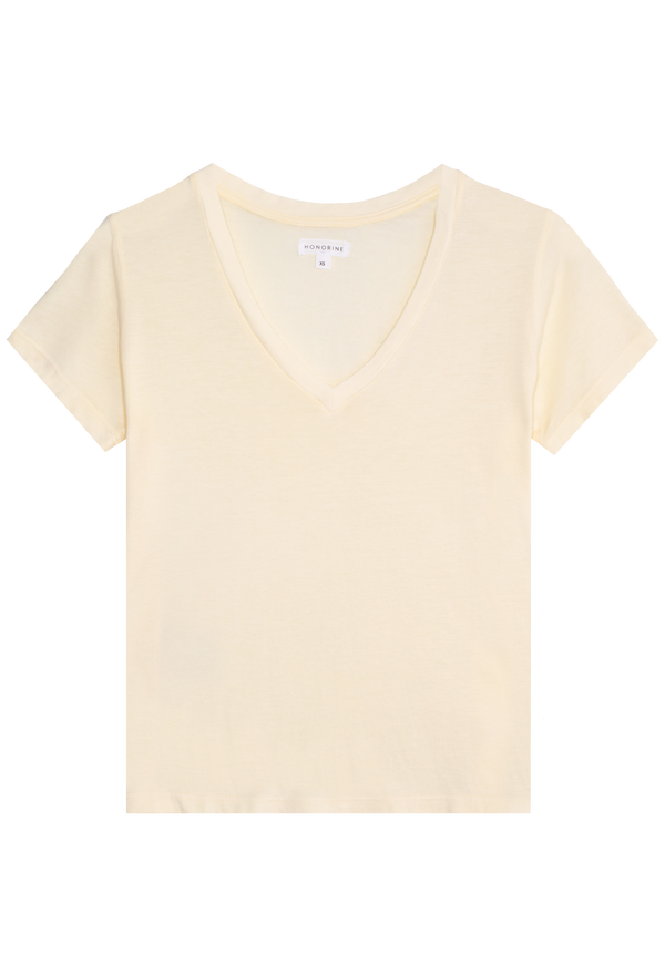 light yellow v-neck t-shirt on a transparent background