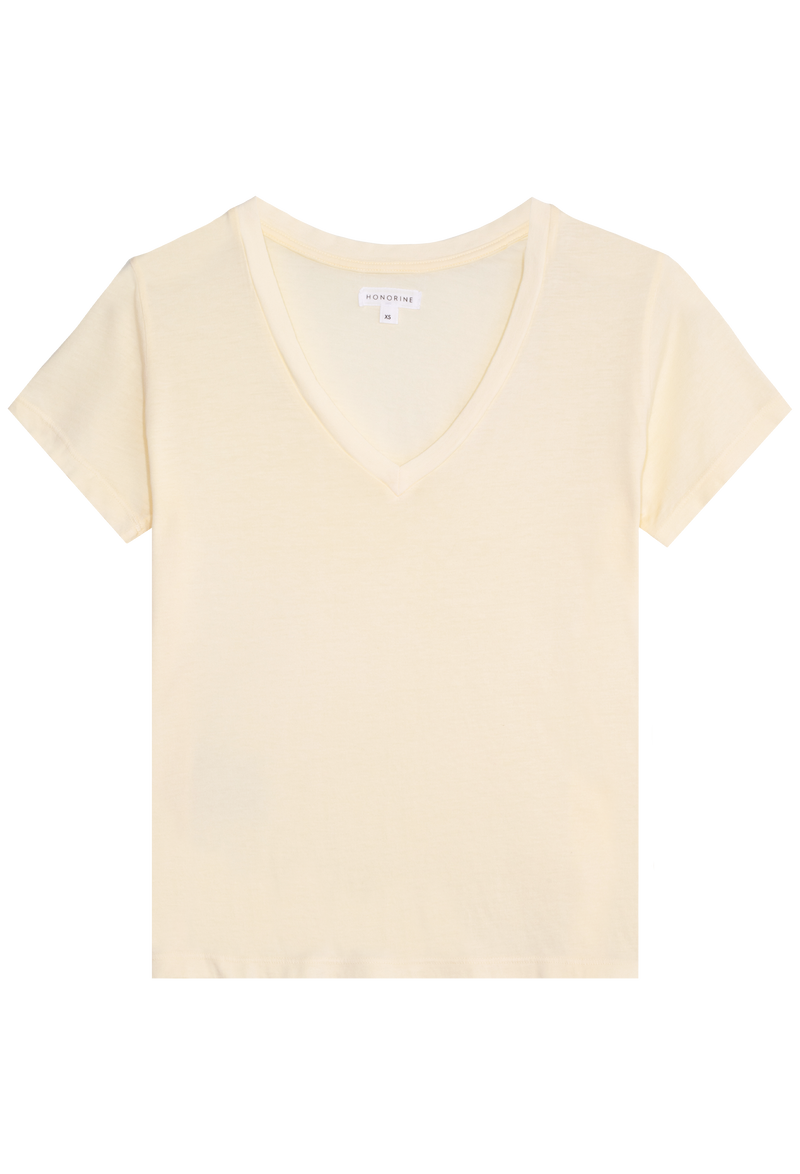 light yellow v-neck t-shirt on a transparent background