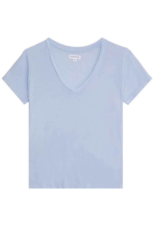 Light blue v-neck t-shirt on a transparent background