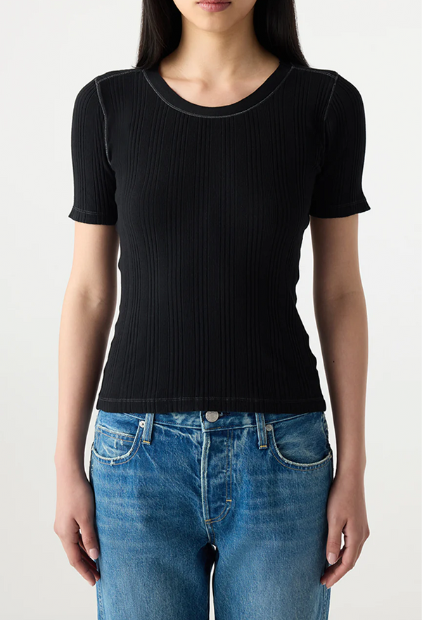 Person wearing a black ribbed short sleeve tee and blue jeans on a transparent background