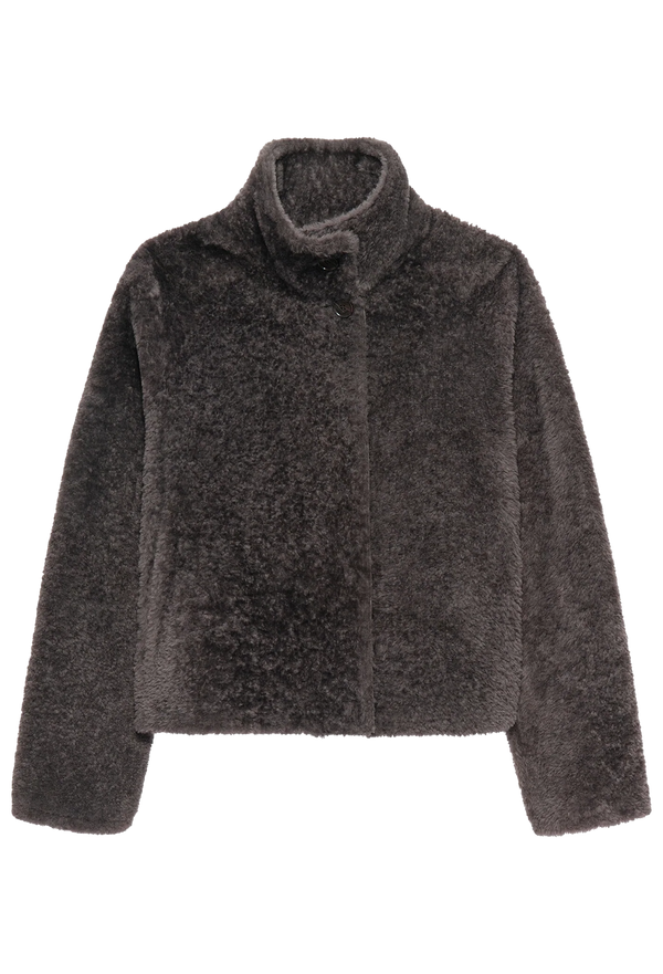Dark gray/brown shearling jacket on a white background