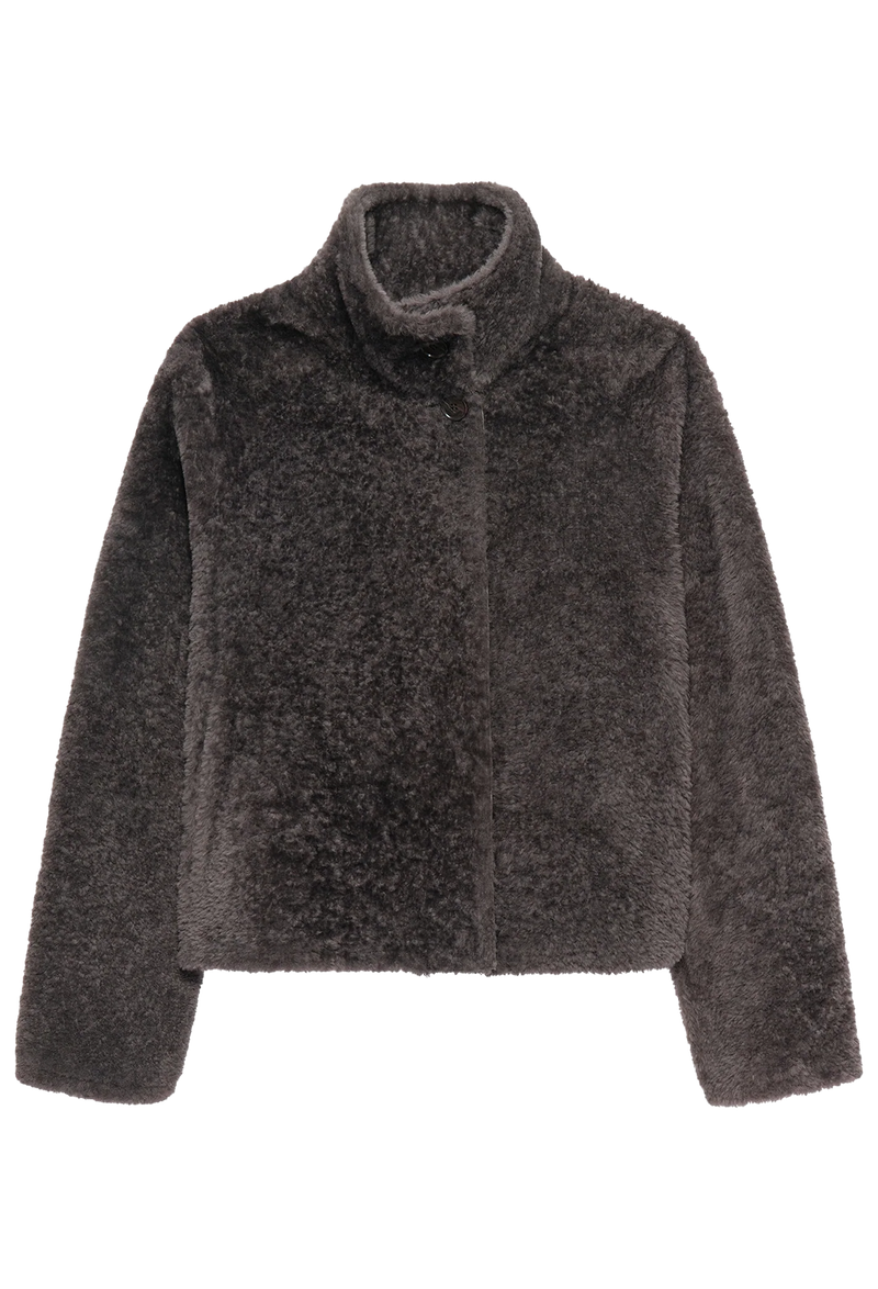 Dark gray/brown shearling jacket on a white background