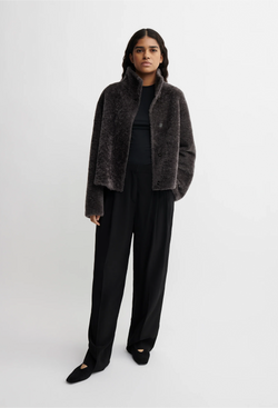 Person wearing a dark gray/brown shearling coat on a white background