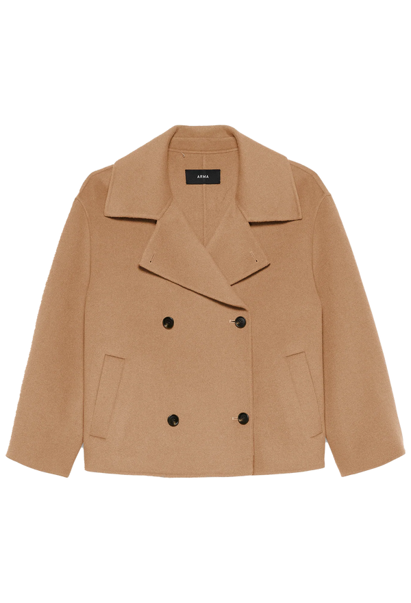 beige peacoat with black buttons on a transparent background