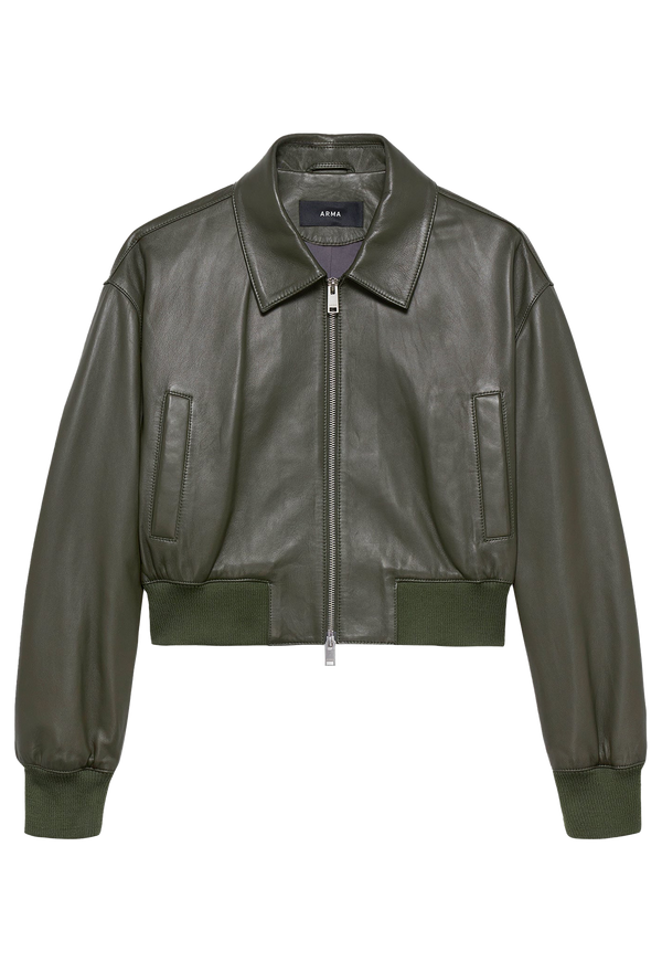 Green leather bomber jacket on a transparent background