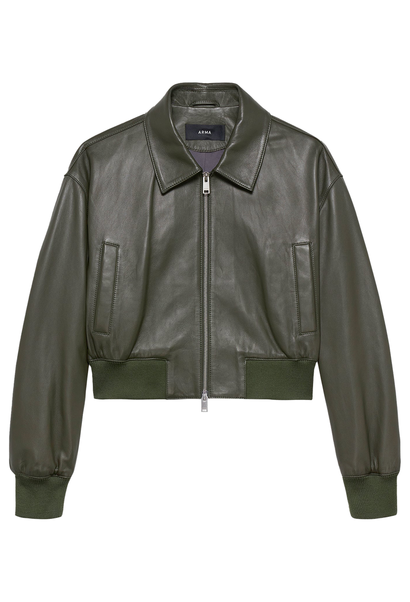 Green leather bomber jacket on a transparent background