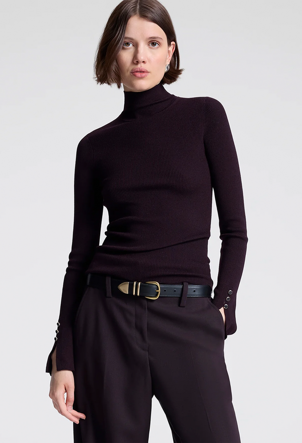 Woman wearing a dark purple turtleneck sweater and pants on a white background