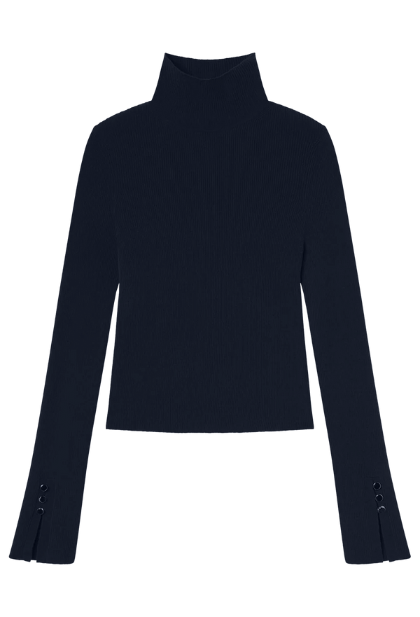 navy blue turtleneck sweater on a white background