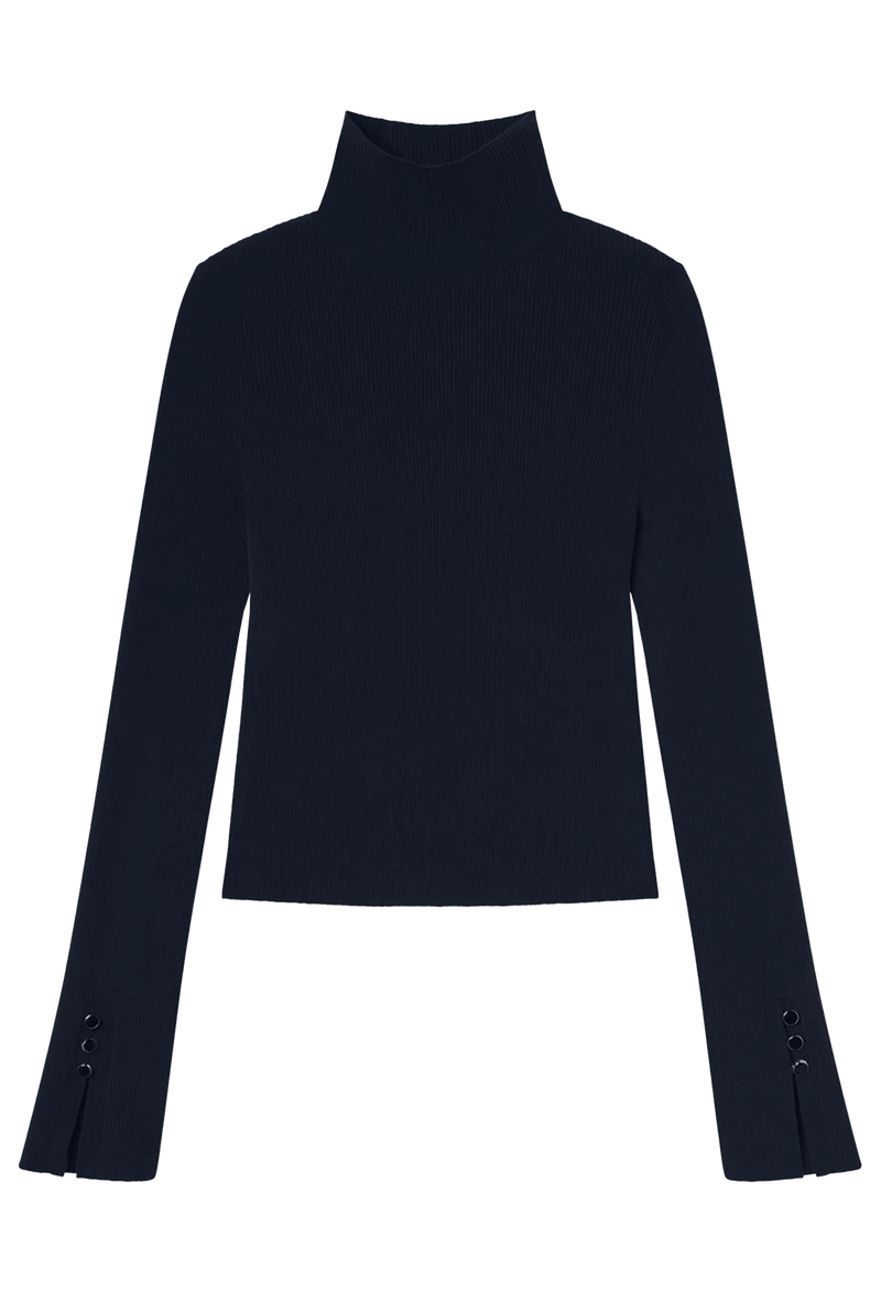 navy blue turtleneck sweater on a white background