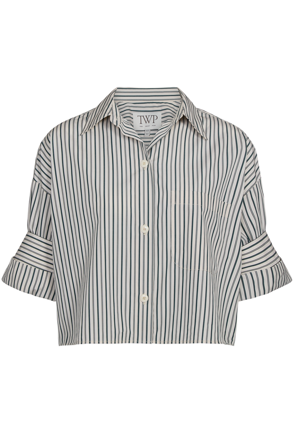 short sleeve button down white shirt with green stripes on a transparent background