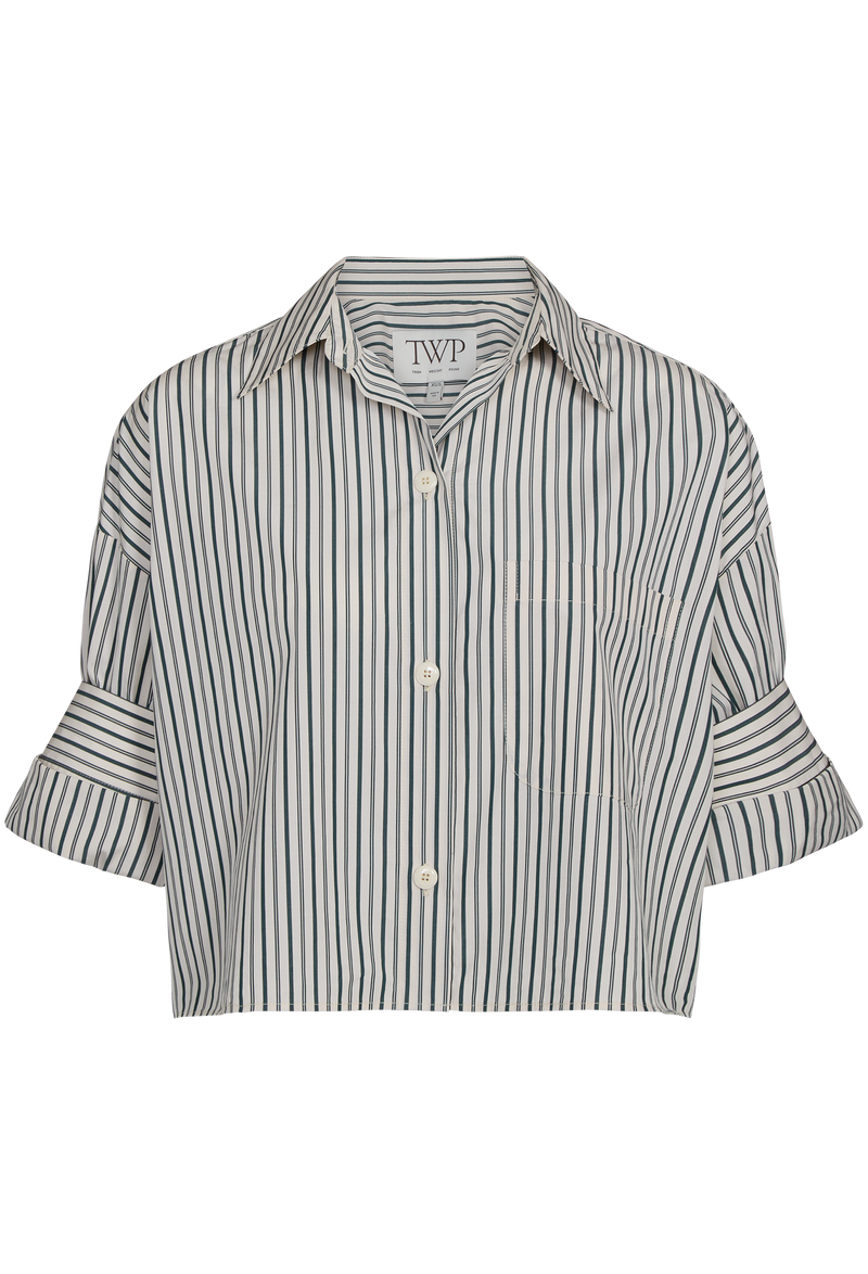 short sleeve button down white shirt with green stripes on a transparent background