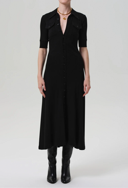 Person wearing a button down half-sleeve black dress with a white background