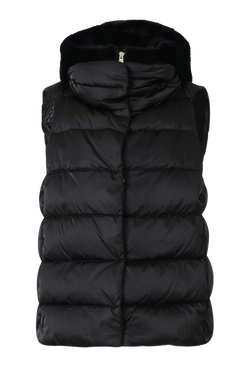 Black puffer vest with a fur hood on a white background