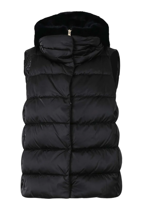Black puffer vest with a fur hood on a white background