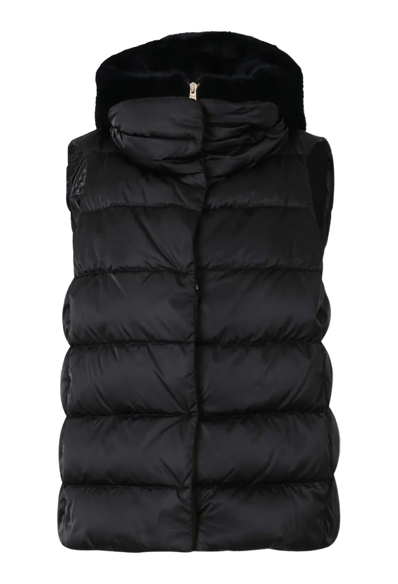 Black puffer vest with a fur hood on a white background