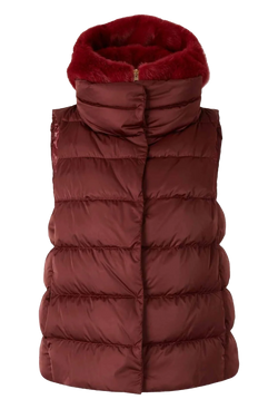 Red puffer vest with fur-lined hood on a transparent background