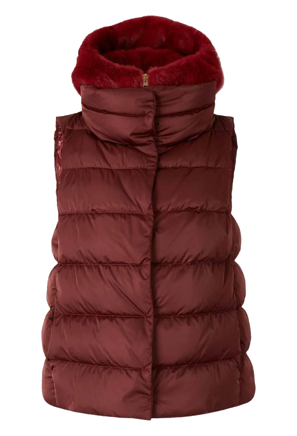 Red puffer vest with fur-lined hood on a transparent background