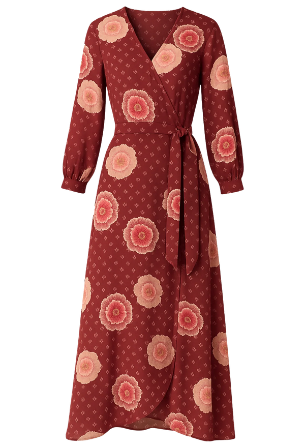 Red wrap maxi dress with floral pattern on a transparent background