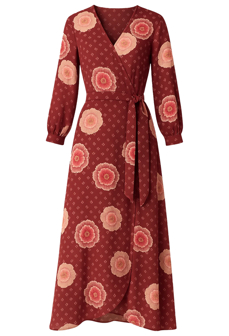 Red wrap maxi dress with floral pattern on a transparent background