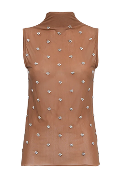 Brown sheer sleeveless mockneck top with crystal beading throughout on a transparent background