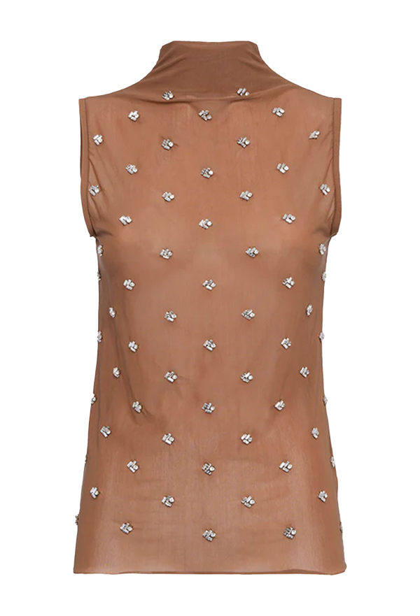 Brown sheer sleeveless mockneck top with crystal beading throughout on a transparent background