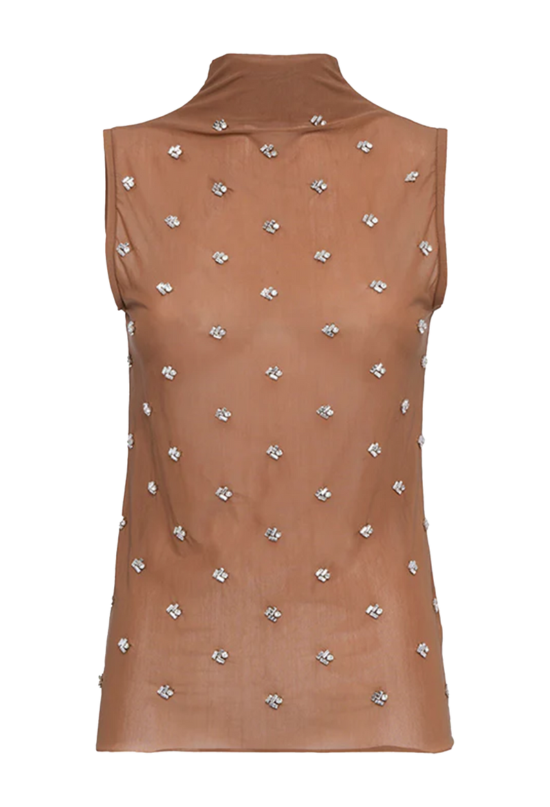 Brown sheer sleeveless mockneck top with crystal beading throughout on a transparent background