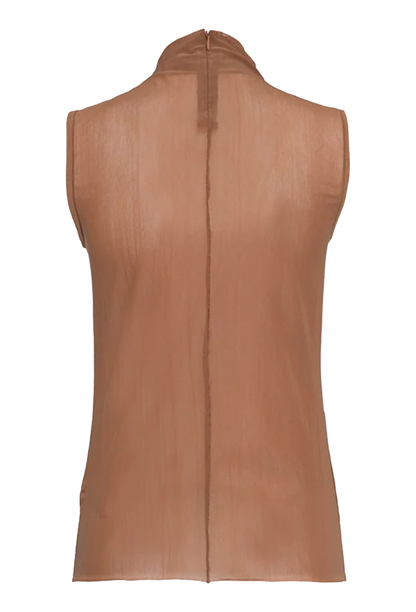 Brown sheer sleeveless mockneck top on a transparent background