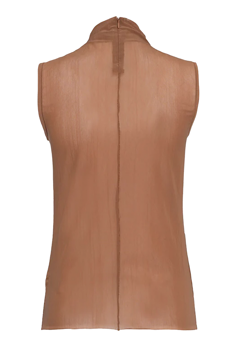 Brown sheer sleeveless mockneck top on a transparent background