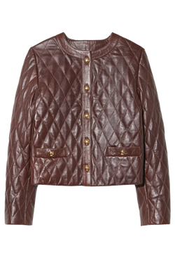 Quilted burgundy leather jacket with gold buttons on a white background