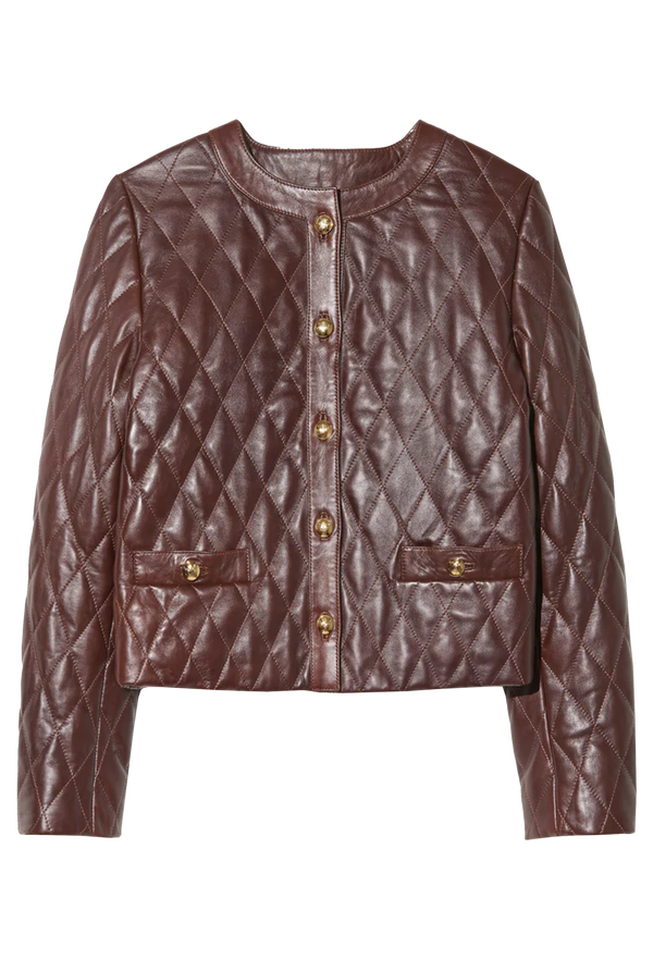 Quilted burgundy leather jacket with gold buttons on a white background