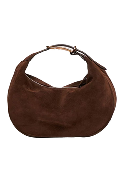 Brown suede handbag with one strap on a white background