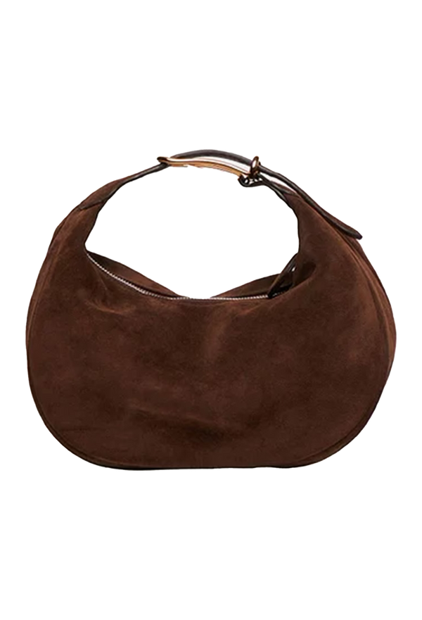 Brown suede handbag with one strap on a white background