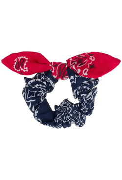 navy and red bandana scrunchie on a transparent background