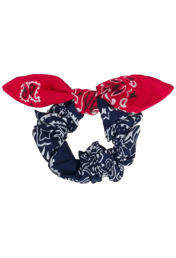 navy and red bandana scrunchie on a transparent background