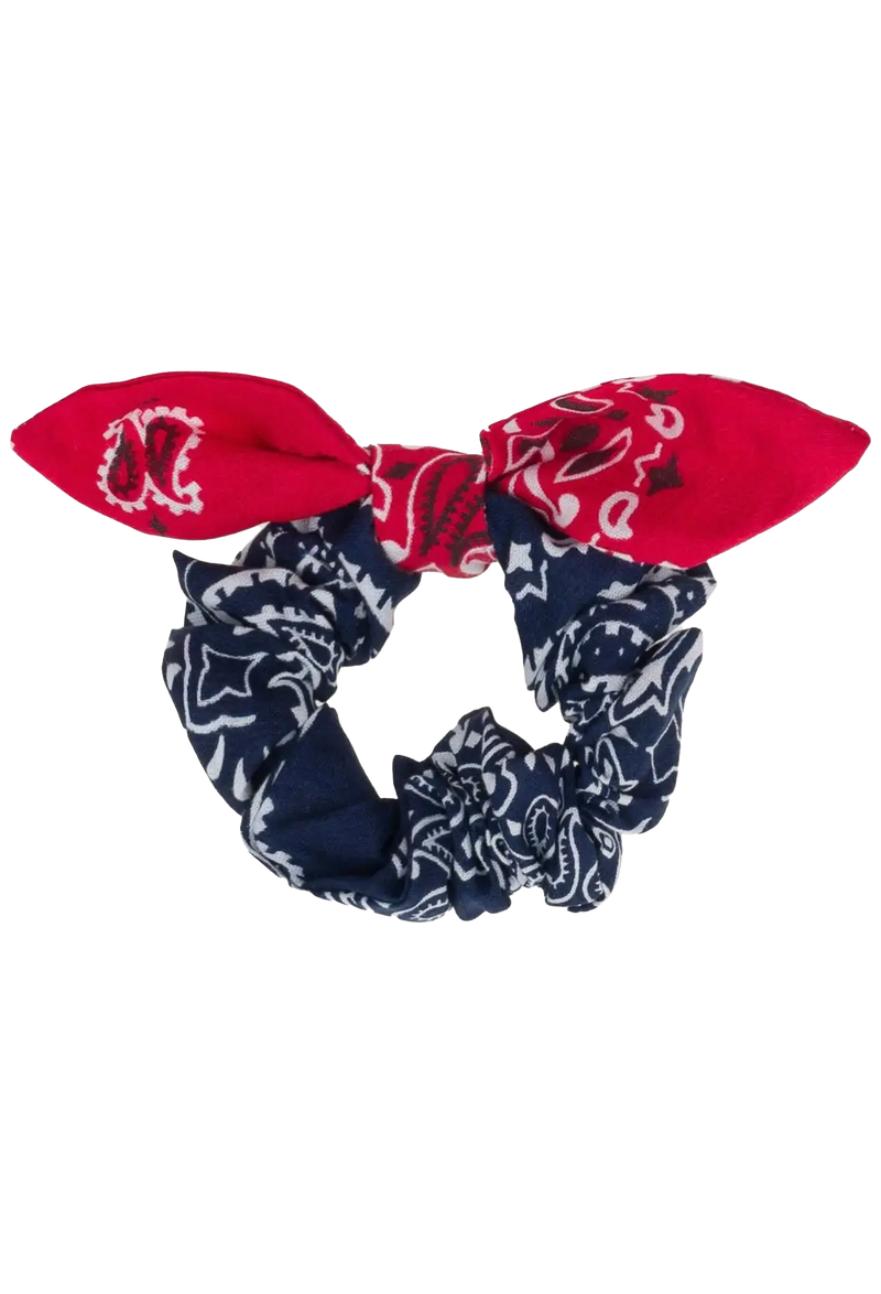 navy and red bandana scrunchie on a transparent background